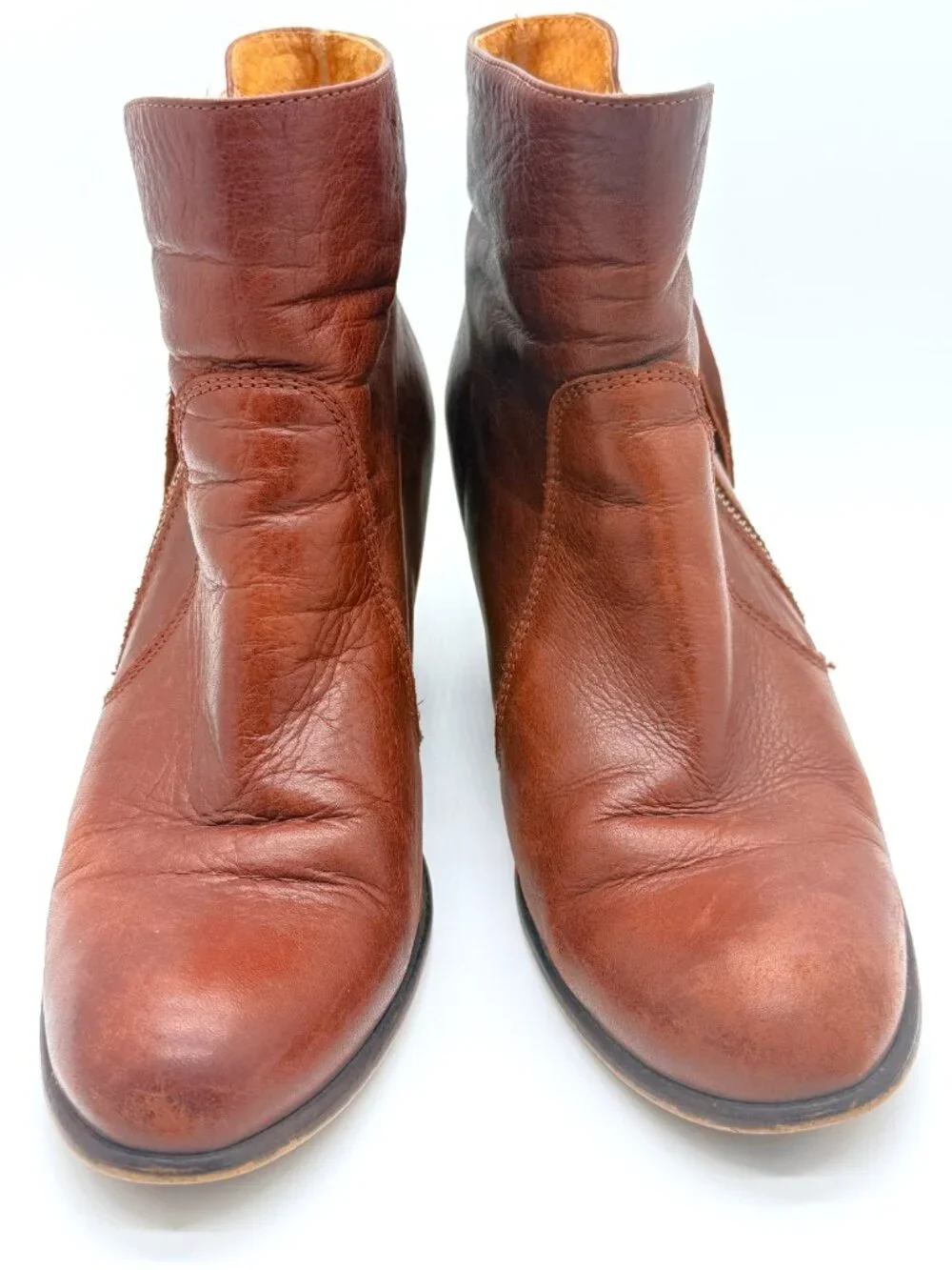 Women's Brown Leather Ankle Boots Block Heel Moto Boho Quiet Luxury w10 3964